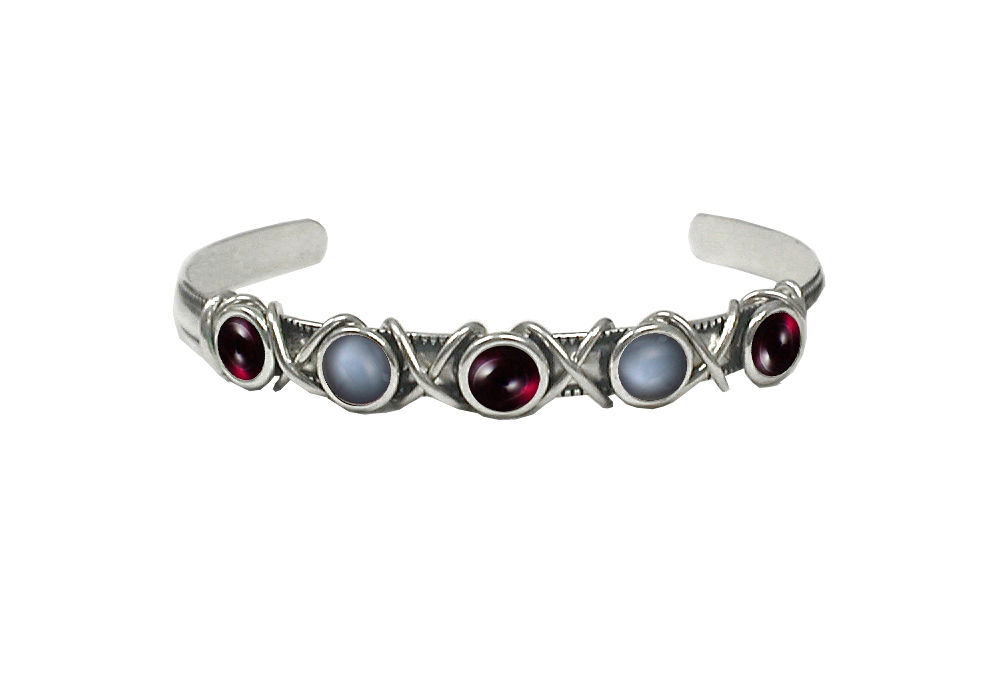 Sterling Silver Cuff Bracelet With Garnet And Grey Moonstone